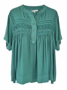Boho Pintuck Detail Feminine Blouse Jade Green Flutter Sleeve Rayon Flowy Small